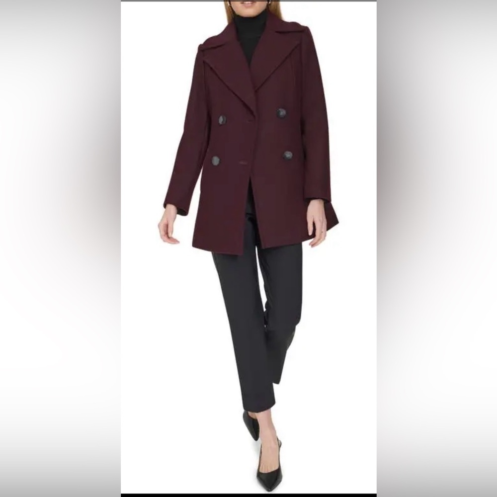 COLE HAAN 
Fine Wool Blend Twill Pea Coat - Wine color